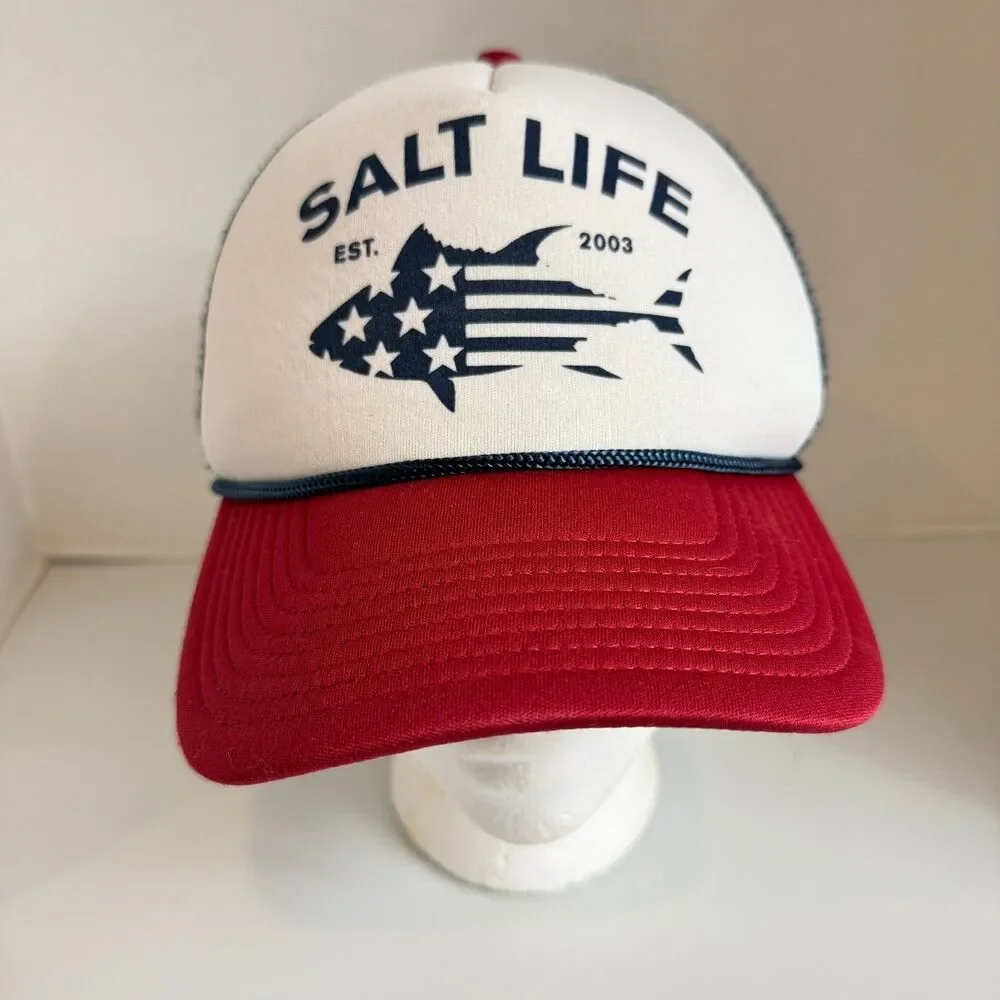 Salt Life Trucker Hat Cap Red White Blue Fish Flag Snapback One Size Fits Most